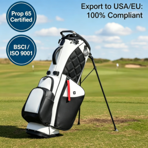 White Black Premium PU Leather Golf Stand Bag, Lightweight 14-Way Club Divider Golf Carrier, BSCI ISO9001 Prop65 Certified Custom Golf Bag Compliant for USA & EU Export