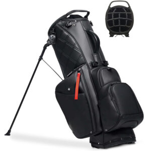 Solid Black Custom PU Leather Golf Stand Bag, Lightweight 14 Divider Golf Club Holder with Carbon Fiber Stand Legs, Premium Leather Walking Golf Carry Bag for Amateur & Pro Golfers