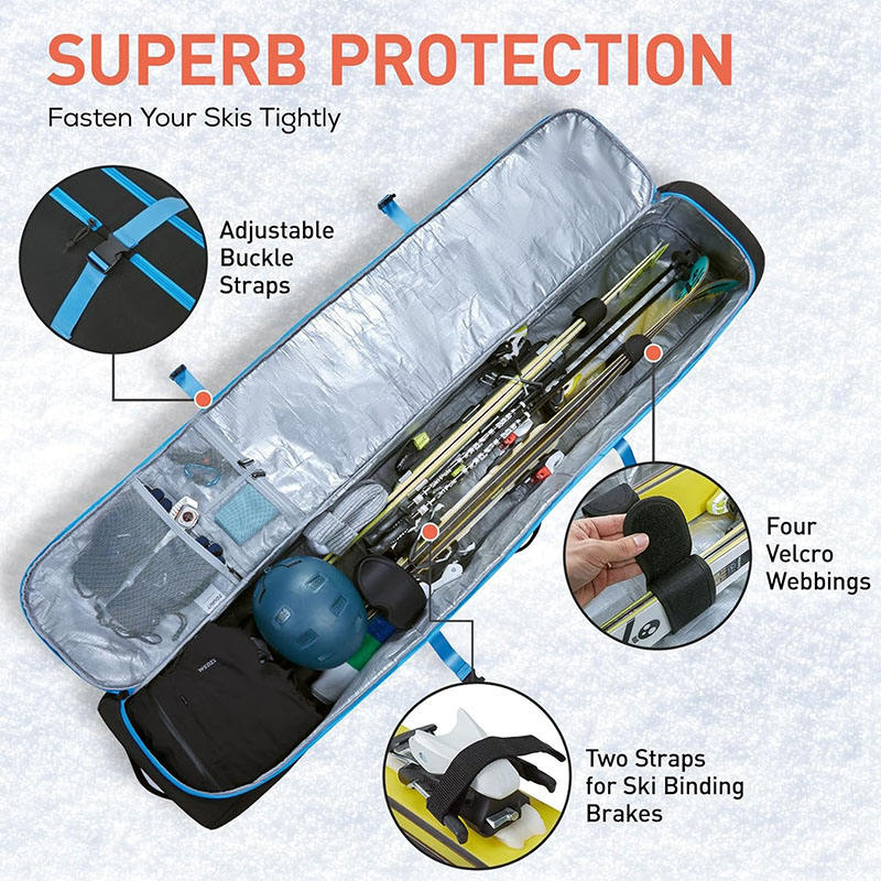 Interior of Expandable Wheeled Snowboard Bag, Adjustable Fixing Straps, Protective Storage for Snowboard, Helmet, Gloves and All Snow Sports Gear