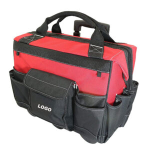 Red Black 600D Waterproof Polyester Rolling Tool Bag with Telescopic Handle, Multi Outer Pockets Custom Logo Wheeled Tool Case for Electrician Carpenter Plumber