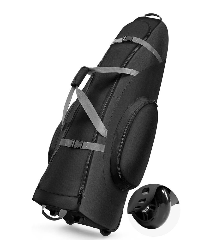 All Black Wheeled Nylon Golf Club Travel Bag, Custom Logo Zippered Golf Equipment Storage Carrier with Silent Rolling Wheels, Padded Golf Travel Case for Golf Training & Air Travel