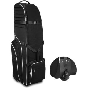 Black White Trim Heavy Duty Oxford Golf Travel Bag, Wear Resistant Soft Sided Foldable Golf Club Travel Cover with Shoe Compartment, Wheeled Golf Flight Bag for Tournament & Golf Vacation