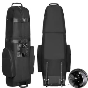 Full Dual View Black Waterproof Foldable Golf Travel Bag with Wheels, Padded Lightweight Airline Golf Club Travel Cover with Stabilizing Buckle Straps, Blank Panel for Custom Logo Wholesale