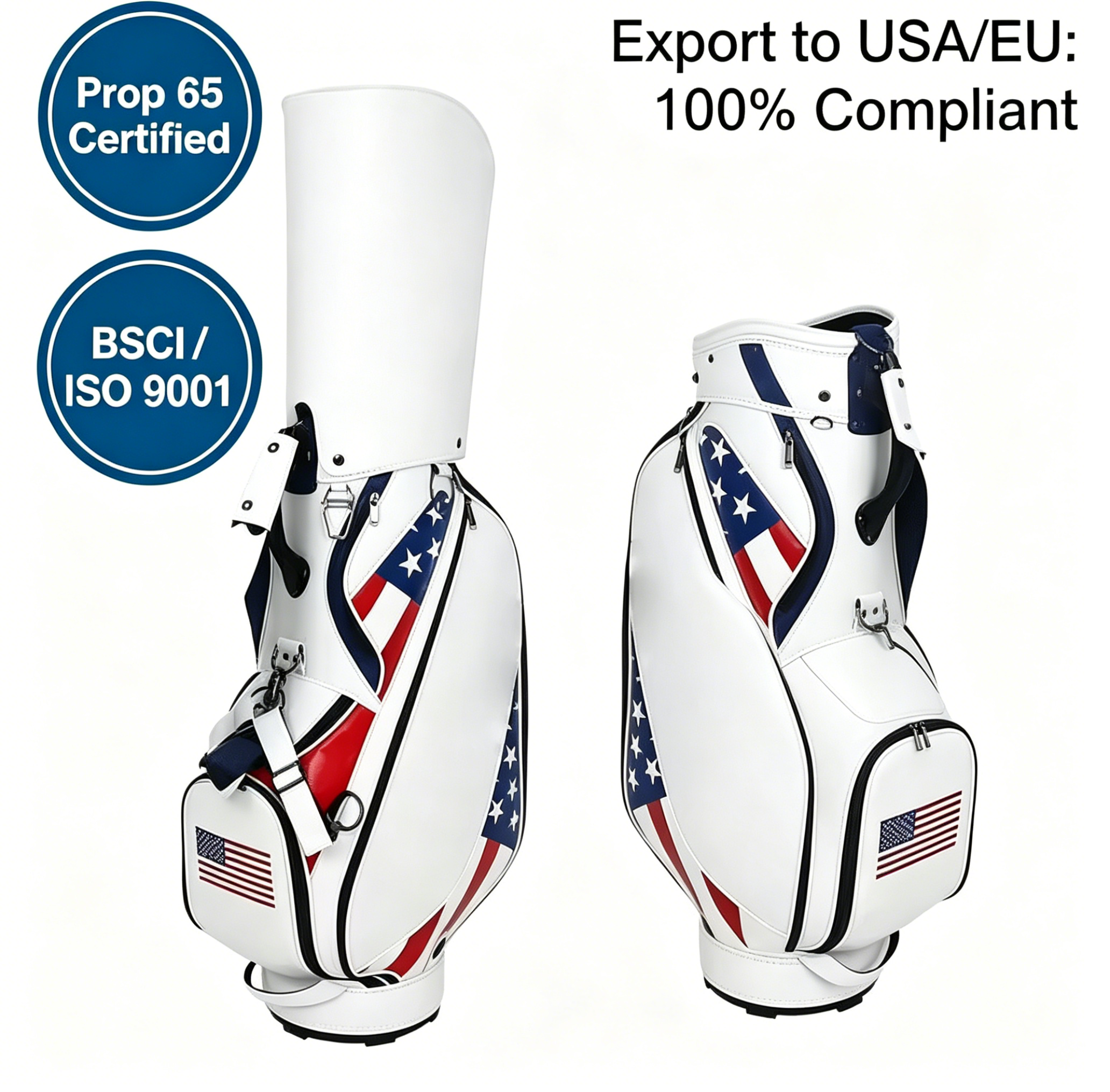 USA Flag Pattern PU Leather Golf Tour Bag, Custom Logo Print Fashion Large Capacity Golf Cart Bag, Durable Waterproof Golf Club Carrier, BSCI ISO9001 Prop65 Certified for USA & EU Wholesale Export