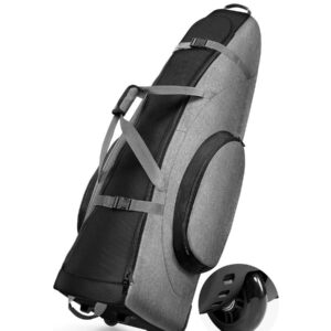 Black Grey Spliced Nylon Wheeled Golf Club Travel Bag, Customizable Zippered Golf Equipment Carrier with Side Accessory Pockets for Outdoor Golf Practice & Long Trips
