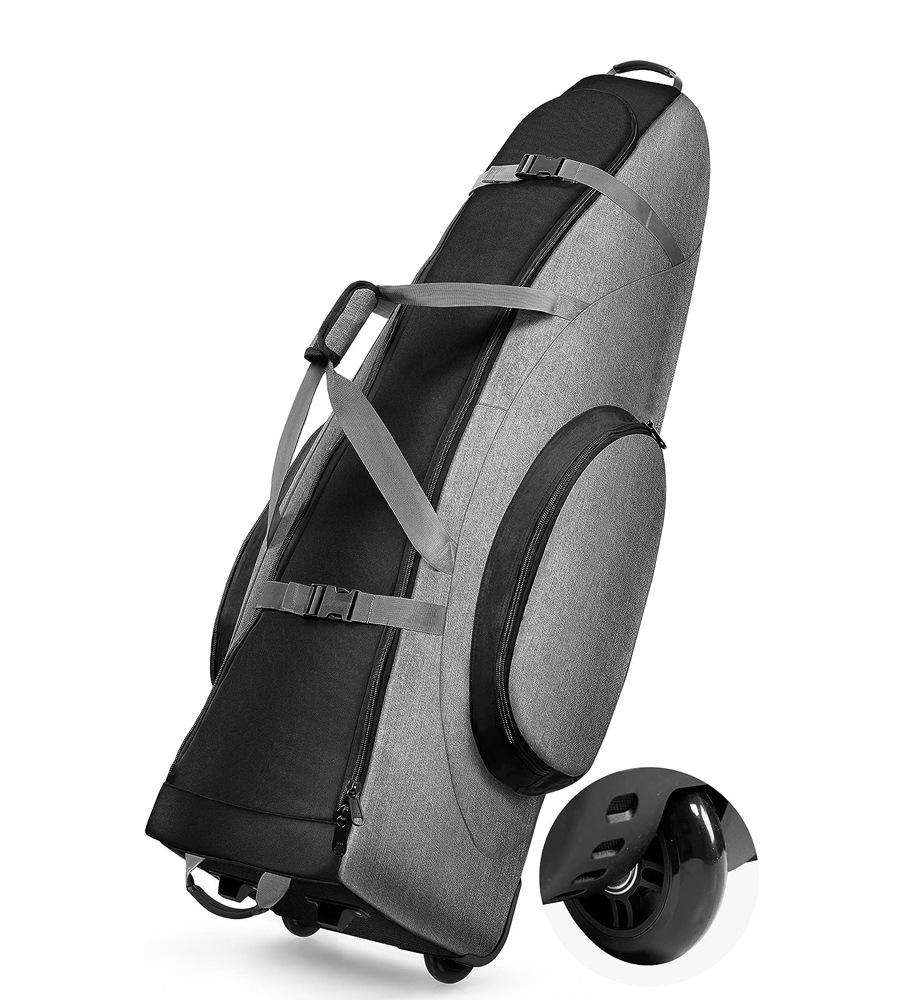 Black Grey Spliced Nylon Wheeled Golf Club Travel Bag, Customizable Zippered Golf Equipment Carrier with Side Accessory Pockets for Outdoor Golf Practice & Long Trips