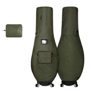 Olive green waterproof golf bag travel cover dual front and back view, foldable dust rain protector with zipper pocket and ID card window for rolling golf bags