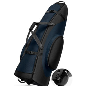 Black Navy Blue Color Block Wheeled Nylon Golf Travel Bag, Heavy Duty Zipper Golf Club Storage Bag with Adjustable Shoulder Strap for Men & Women Golfers Tournament Travel