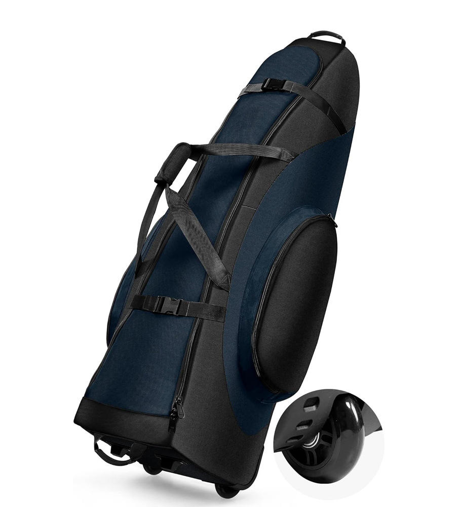 Black Navy Blue Color Block Wheeled Nylon Golf Travel Bag, Heavy Duty Zipper Golf Club Storage Bag with Adjustable Shoulder Strap for Men & Women Golfers Tournament Travel
