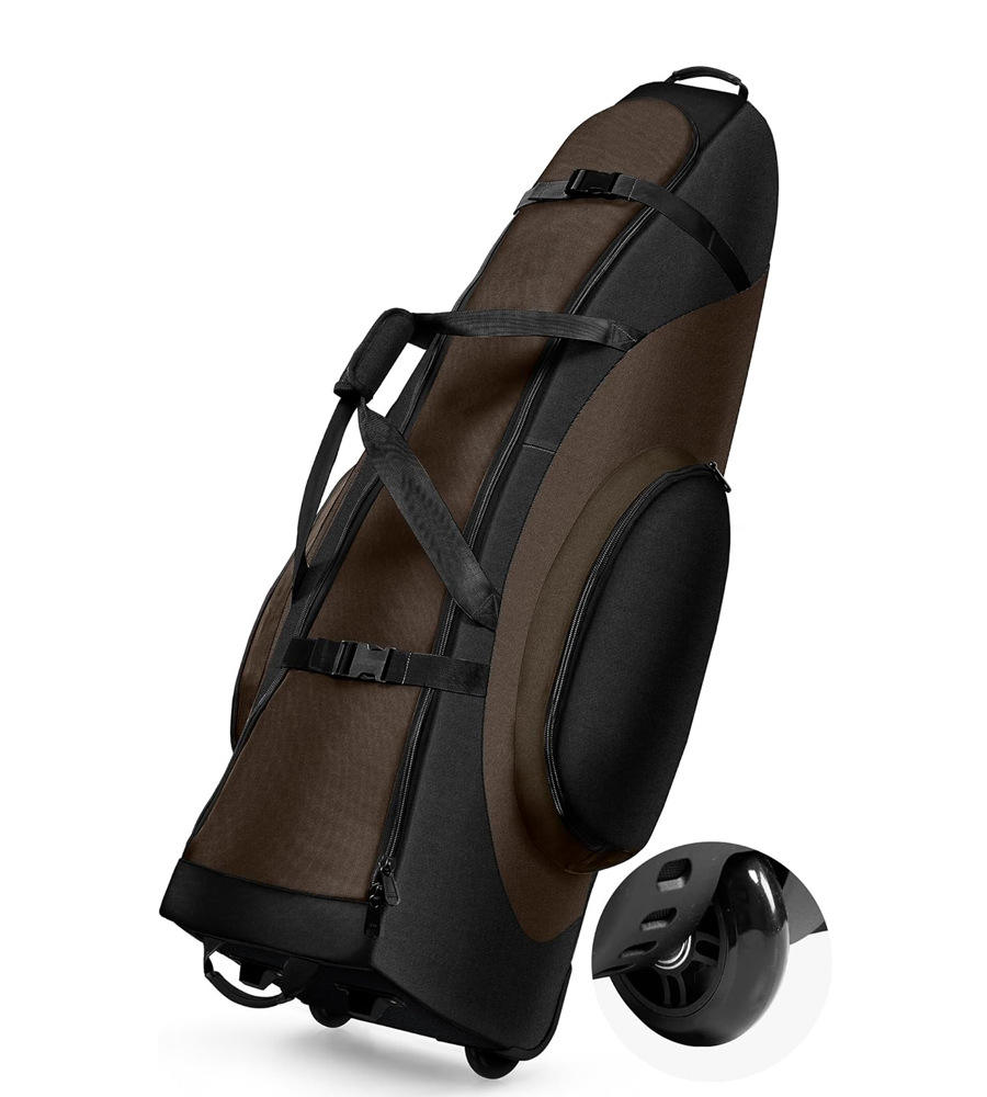 Black Brown Color Block Wheeled Nylon Golf Travel Bag, Padded Zipper Golf Club Storage Case with Rolling Wheels, OEM Custom Golf Equipment Bag for Amateur & Pro Golfers