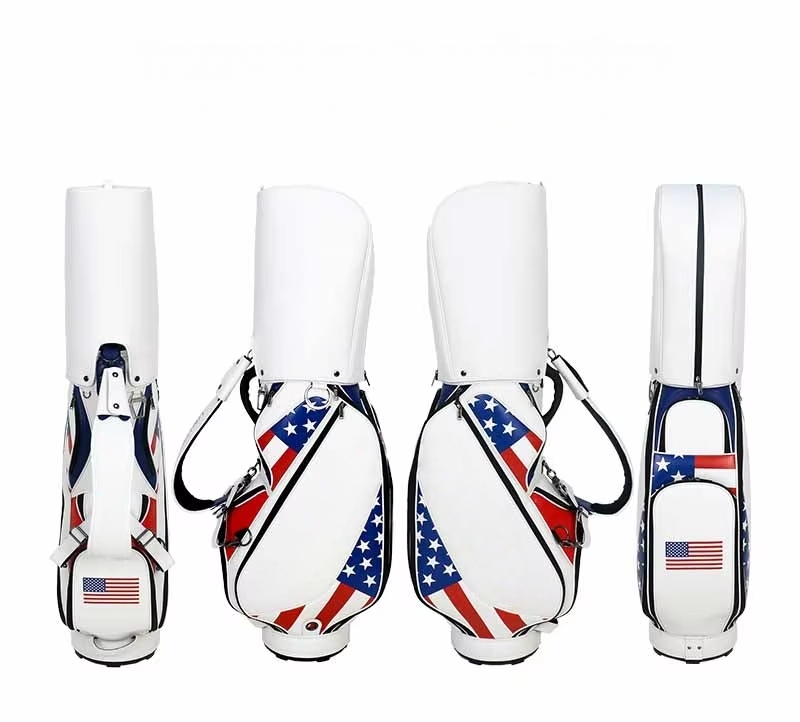Custom Print USA Flag PU Leather Golf Cart Bag, High-Capacity Durable Fashion Golf Tour Bag, OEM Custom Pattern Golf Club Storage Bag Suitable for Golf Retail & Amazon FBA Resellers