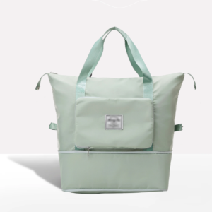 Mint Green Foldable Carry On Weekender Tote Bag for Women, Waterproof Nylon Expandable Travel Handbag with Separate Shoe Storage for Overnight Trip, Gym and Picnic