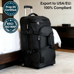 Black Unisex Soft Sided Wheeled Duffle Bag for Business Travel, BSCI ISO9001 Prop65 Certified Expandable Oxford Travel Tote Luggage Suitcase for Men Women Long Trips