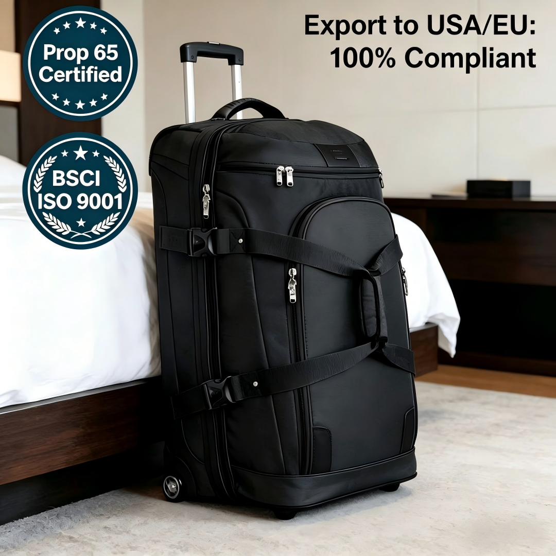 Black Unisex Soft Sided Wheeled Duffle Bag for Business Travel, BSCI ISO9001 Prop65 Certified Expandable Oxford Travel Tote Luggage Suitcase for Men Women Long Trips