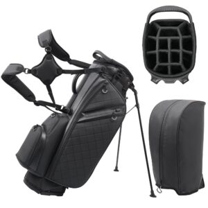 Luxury Black PU Leather Golf Stand Bag with Stable Stand Legs, Lightweight Waterproof Golf Carry Bag Equipped with 14-Way Divider & Detachable Rain Hood, Customizable Men’s Golf Club Bag