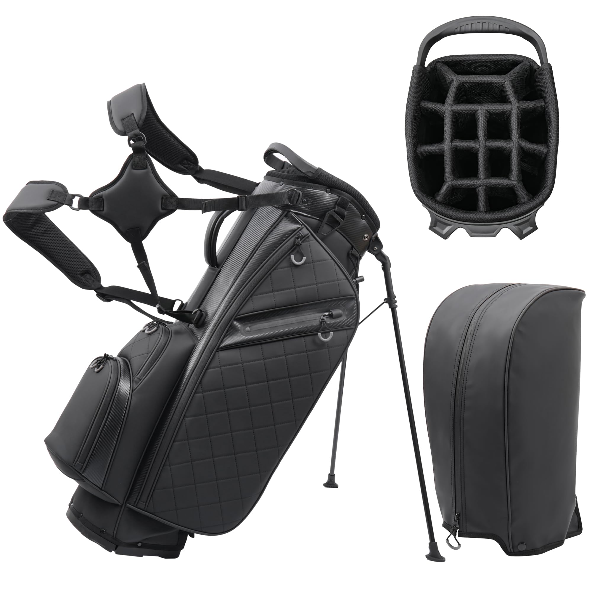 Luxury Black PU Leather Golf Stand Bag with Stable Stand Legs, Lightweight Waterproof Golf Carry Bag Equipped with 14-Way Divider & Detachable Rain Hood, Customizable Men’s Golf Club Bag