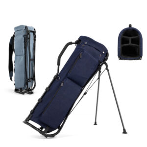 Dark navy waterproof sunday golf stand bag, 3-way divider top opening, foldable stand, dual shoulder strap compact walking golf bag white background
