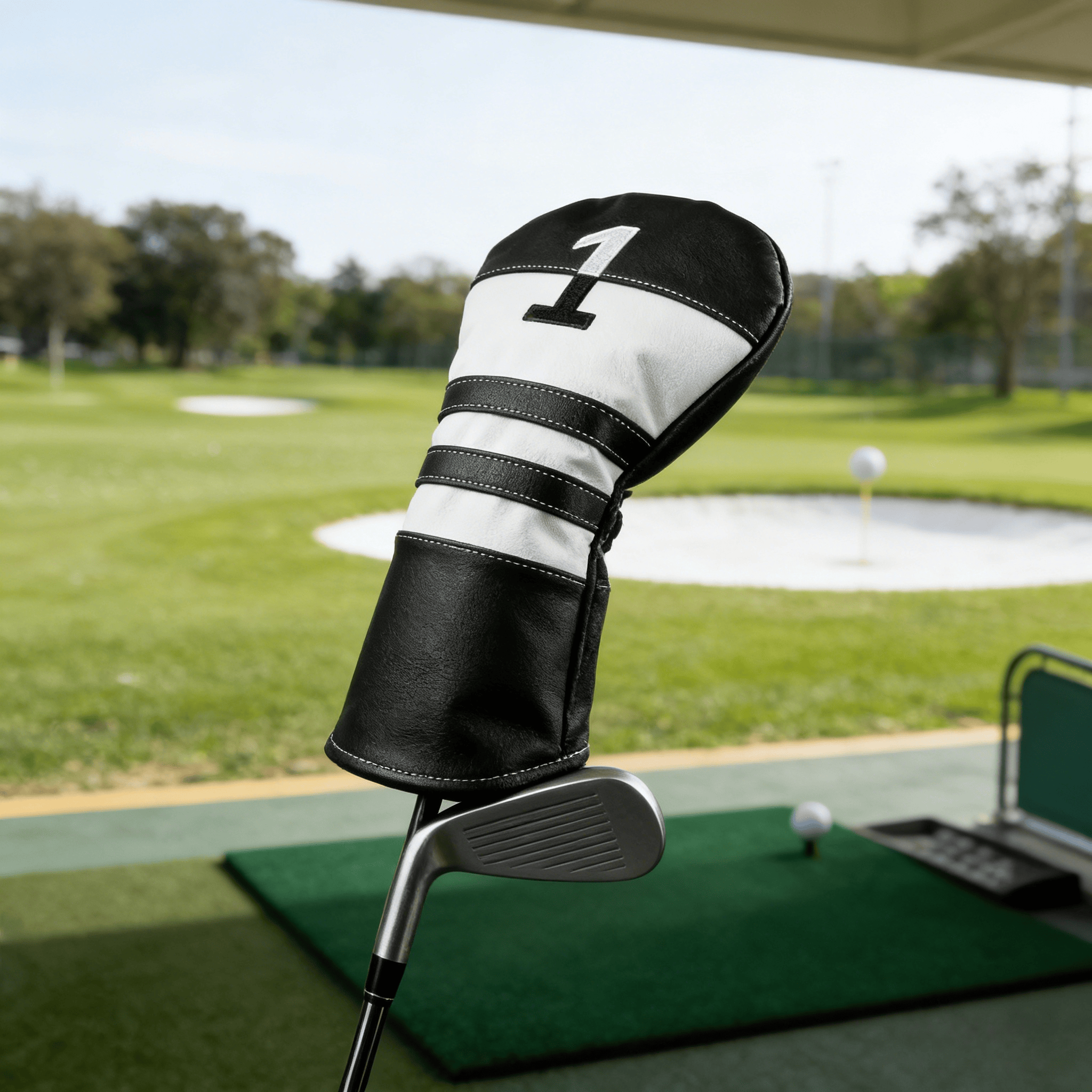 Fashion waterproof PU golf driver head cover on golf club, black white striped leather club protector on golf course grass, unisex adult golf accessory