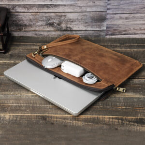 Vintage Genuine Leather 14 Inch Apple Laptop Protective Case, Zipper Handheld Laptop Bag with Extra Storage Pocket, Crazy Horse Leather MacBook Sleeve Fits Laptop, Mouse, Charger & Cables