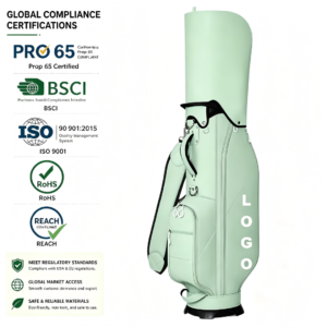 Lightweight Designer PU Leather Custom Golf Cart Bag, Mint Green Waterproof Golf Club Bag, Prop65 BSCI ISO REACH RoHS Certified, OEM Custom Logo Golf Cart Bag Compliant for USA & EU Wholesale Export