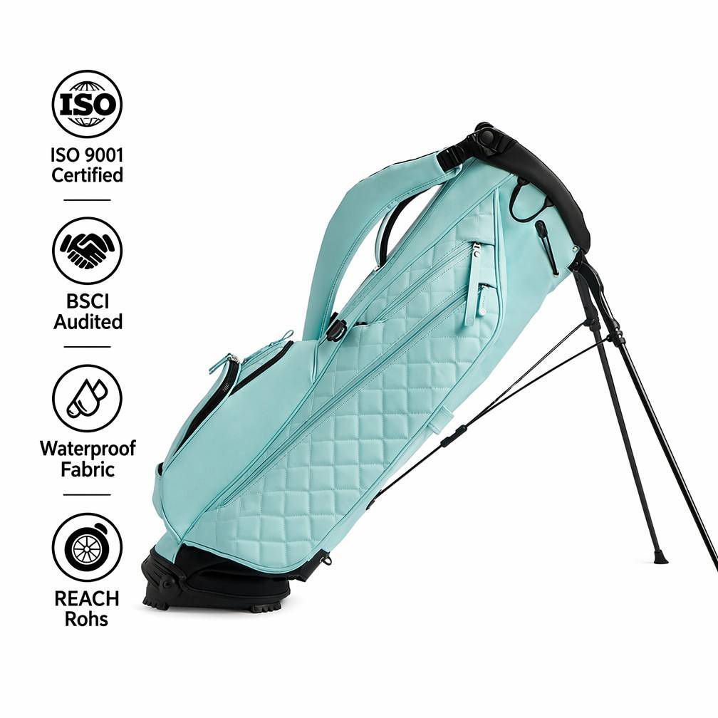 Light Blue PU Quilted Golf Stand Bag, diamond stitch golf bag with magnetic buckle, waterproof premium pu golf carry bag for women golfers, custom OEM logo available