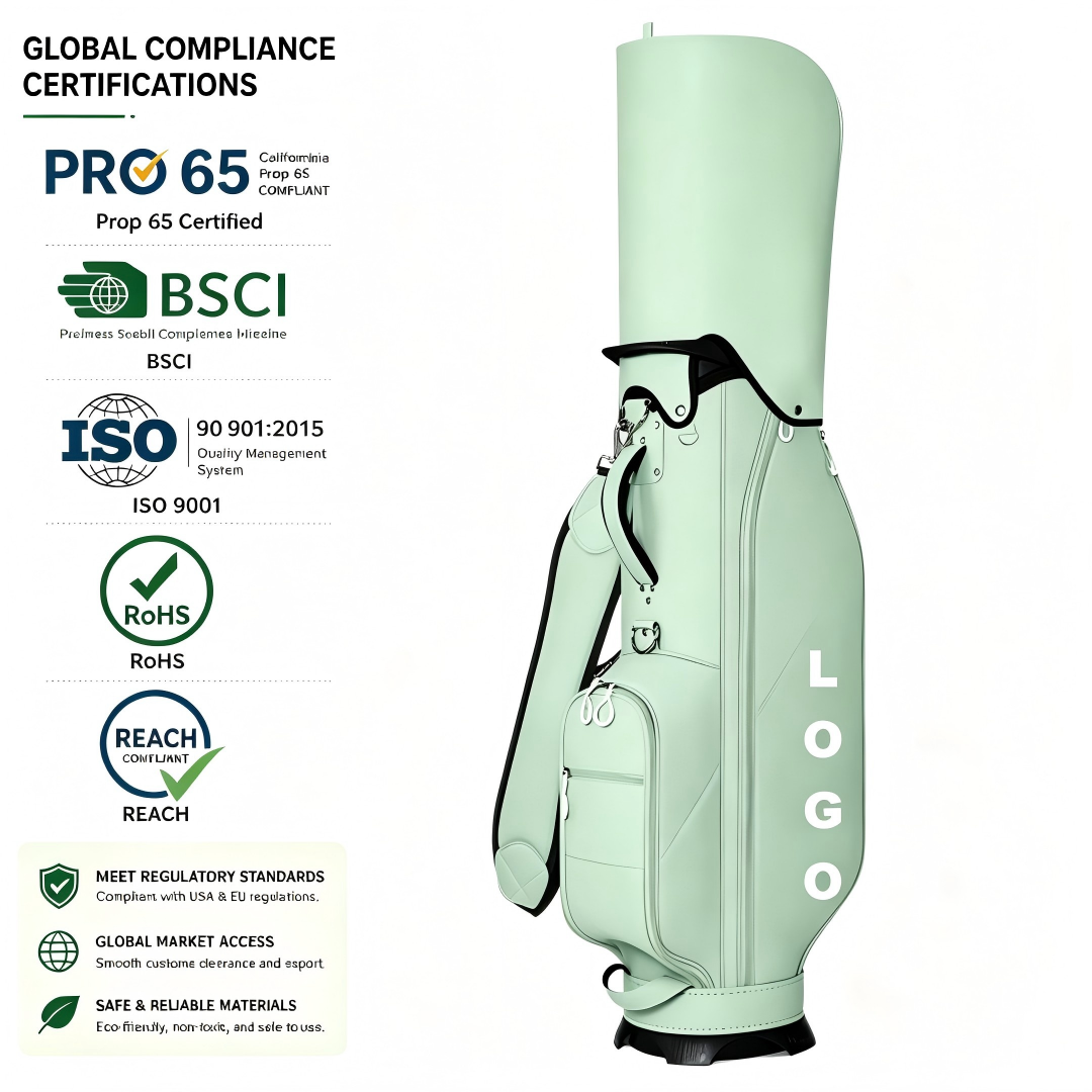 Lightweight Designer PU Leather Custom Golf Cart Bag, Mint Green Waterproof Golf Club Bag, Prop65 BSCI ISO REACH RoHS Certified, OEM Custom Logo Golf Cart Bag Compliant for USA & EU Wholesale Export
