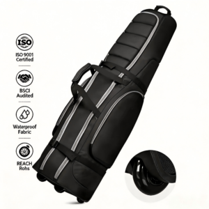Black Silver Trim Waterproof Wheeled Golf Travel Bag Cover for Airlines, Heavy Duty Padded Golf Club Flight Case ISO9001 BSCI REACH Certified Custom Logo Wholesale for Golfers Air Travel