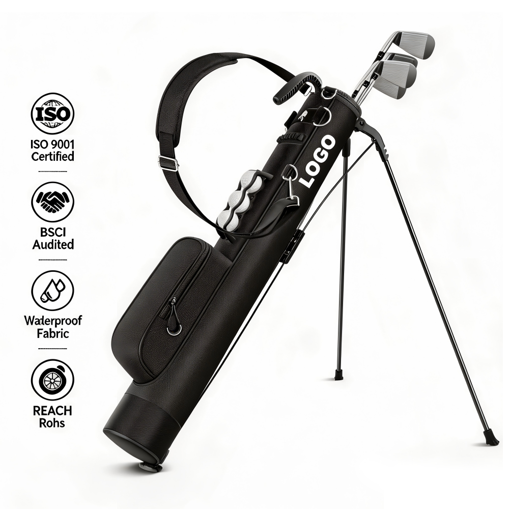 Lightweight Mini Sunday Golf Stand Bag, portable black golf carry bag with foldable stand, padded single shoulder strap for golf driving range practice