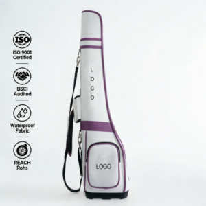 White Purple PU Leather Golf Pencil Bag, lightweight small golf sunday bag for women, portable golf club carrier travel bag with adjustable shoulder strap