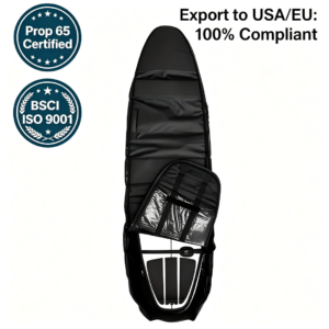 Black Wheeled Surfboard Travel Bag with rib cage protection, compressible padded surf board bag, internal thermal lining, BSCI certified surf gear storage bag for ocean lake surfing