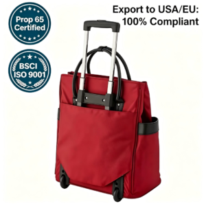 Red Water Resistant Nylon Roller Tote Bag for Women, Detachable Telescopic Handle Rolling Handbag, Multi Pocket Weekender Travel Trolley Luggage for Shopping & Business Trip