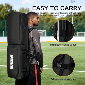 Black field hockey backpack for 4 sticks, padded shoulder straps, multi-layer storage field hockey equipment bag for training and competition