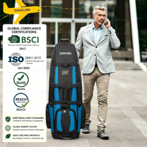 Black Blue Waterproof 900D Oxford Golf Travel Bag with Wheels, BSCI ISO Certified Soft-Sided Golf Club Travel Cover, Airline Compliant Wheeled Golf Luggage for Men & Women Golfers