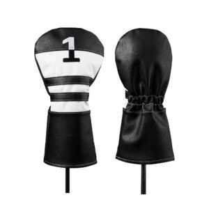 Dual view black white PU leather golf 1 driver head cover, embroidered number design, drawstring closure waterproof golf club head protector