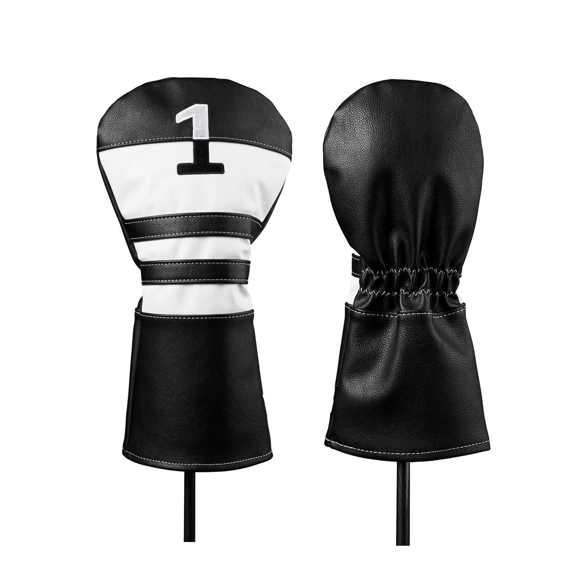 Dual view black white PU leather golf 1 driver head cover, embroidered number design, drawstring closure waterproof golf club head protector