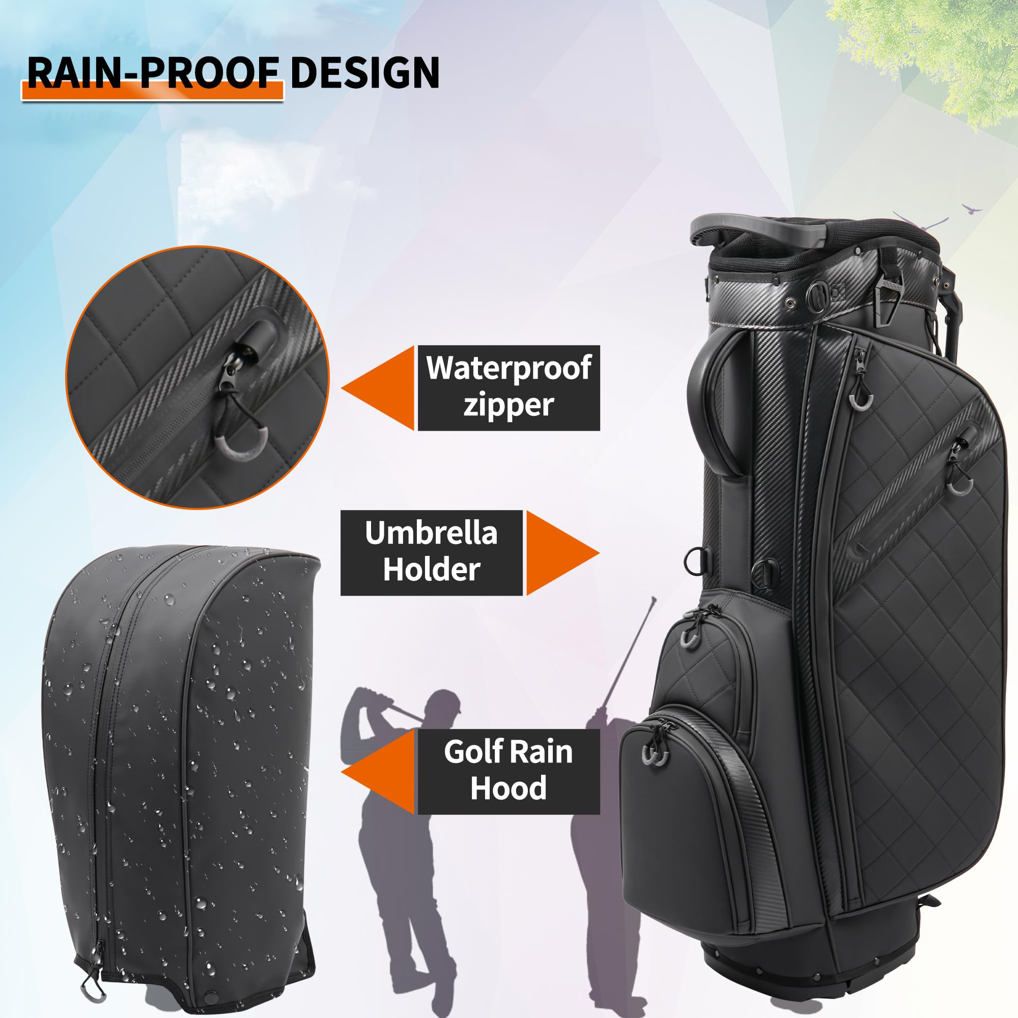 Waterproof PU Leather Men Golf Stand Bag, Rainproof Design Golf Carry Bag with Waterproof Zipper, Umbrella Holder & Detachable Golf Rain Hood, All-Weather Golf Club Carrier for Outdoor Golf Play