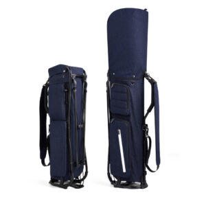Dark blue denim lightweight sunday golf stand bag dual views, multi zipper pockets, adjustable shoulder strap, foldable metal stand golf walking bag