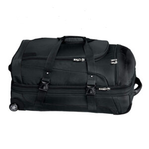 Black Soft Sided Rolling Travel Duffle Bag Horizontal View, Heavy Duty Oxford Wheeled Tote Luggage Suitcase with Reinforced Compression Straps for Business & Outdoor Travel