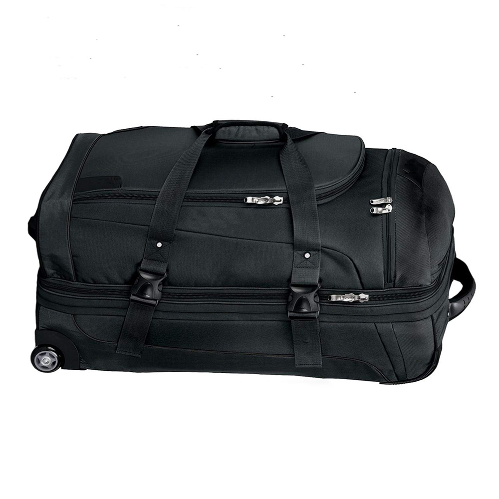 Black Soft Sided Rolling Travel Duffle Bag Horizontal View, Heavy Duty Oxford Wheeled Tote Luggage Suitcase with Reinforced Compression Straps for Business & Outdoor Travel