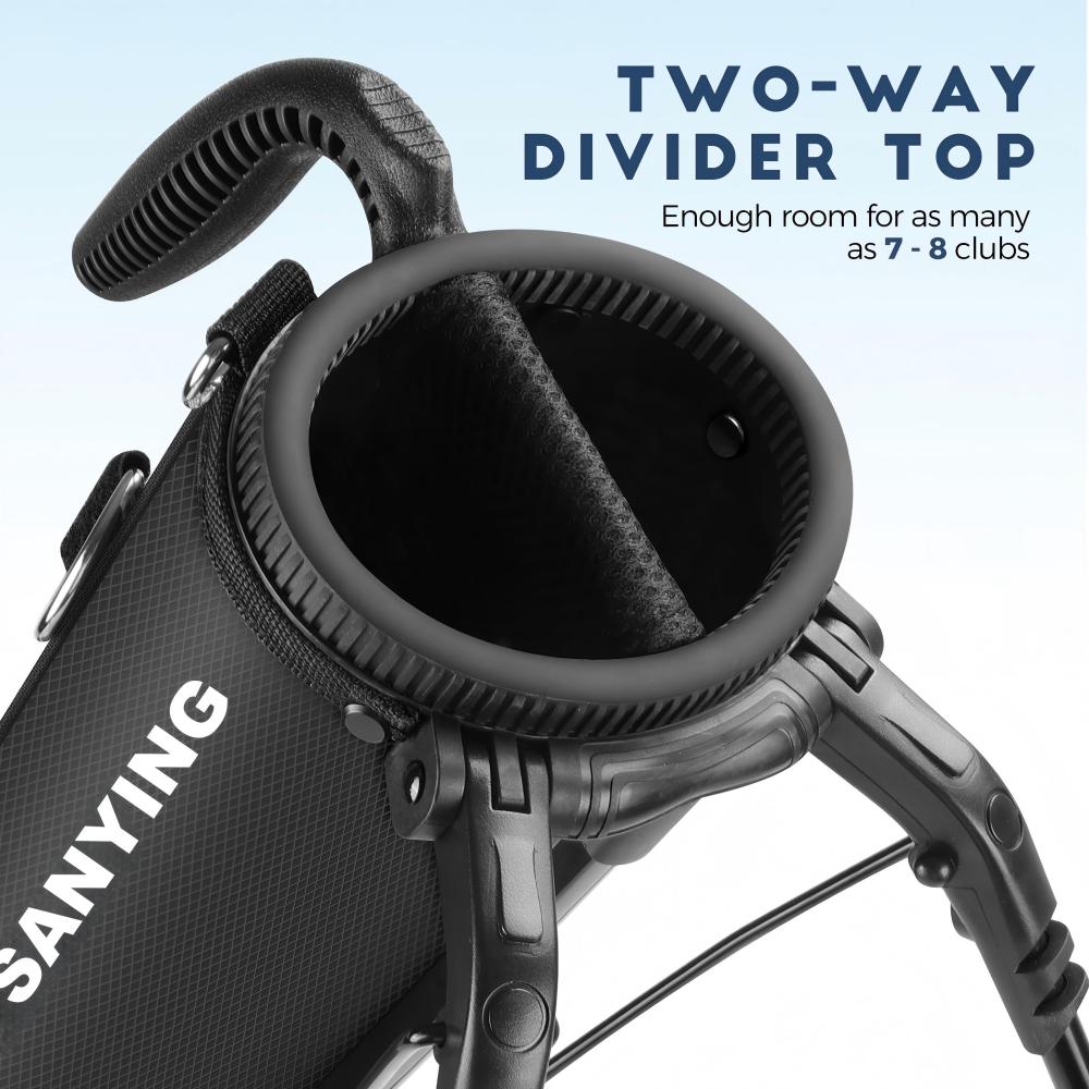 Two-way divider top mini golf sunday bag, matte black portable golf stand bag holds 7-8 golf clubs for outdoor golf training