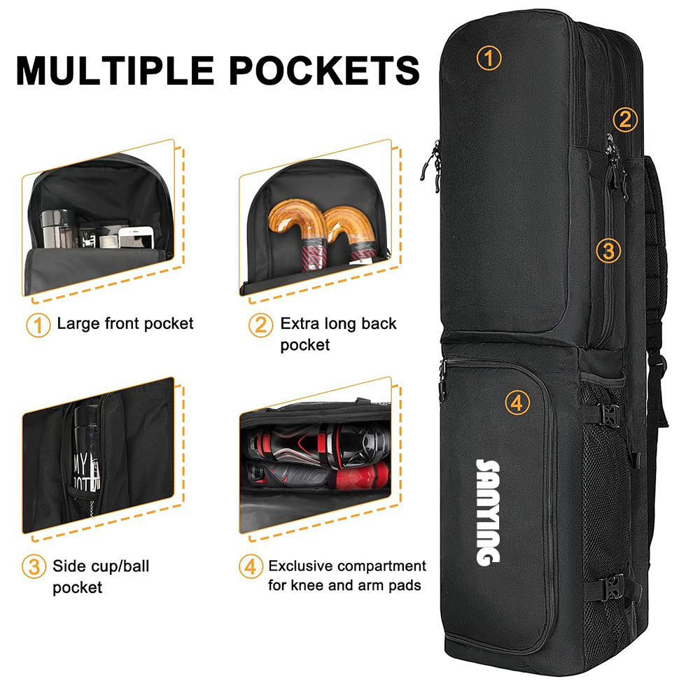 Multi-pocket field hockey stick backpack, separate compartments for pads, shoes and accessories, large capacity ice & field hockey gear bag