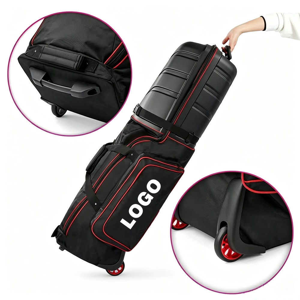 Black Red Trim Hardshell Waterproof Wheeled Golf Travel Bag for Airlines, Custom Logo Hard Top Golf Club Travel Case with Shockproof Rigid Shell, Rolling Golf Flight Carrier for Men Golfers Tournament Air Travel