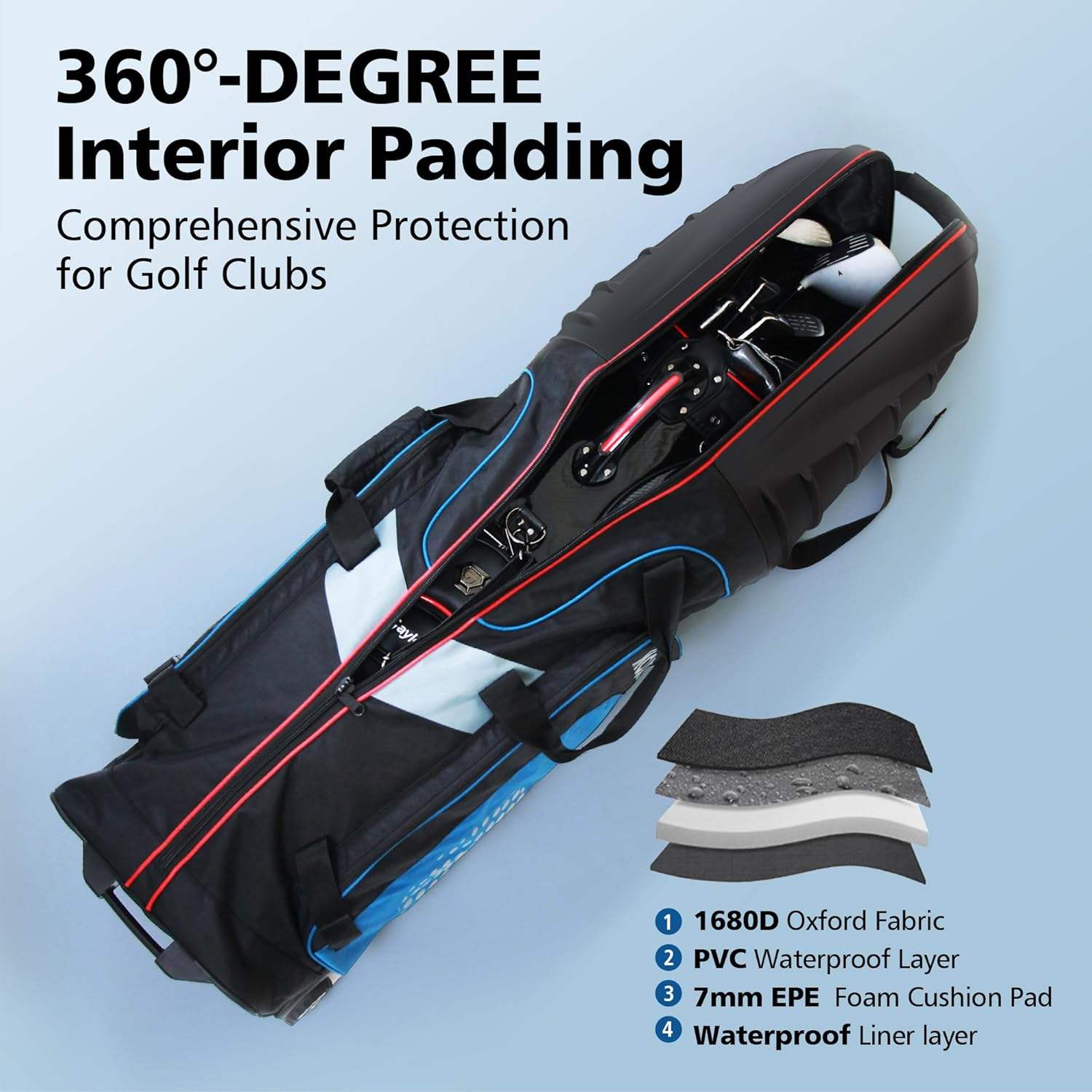 Airline Approved Hybrid Hard Top Golf Travel Bag 1680D Nylon Wheeled Golf Club Case With Tank Wheels - Image 3