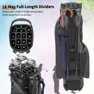 Black PU Leather Golf Stand Bag for Men, Lightweight Waterproof Golf Carry Bag with 14-Way Full Length Club Dividers, Independent Umbrella Holder Prevents Golf Club Shaft Scratches for Walking Golf & Tournaments