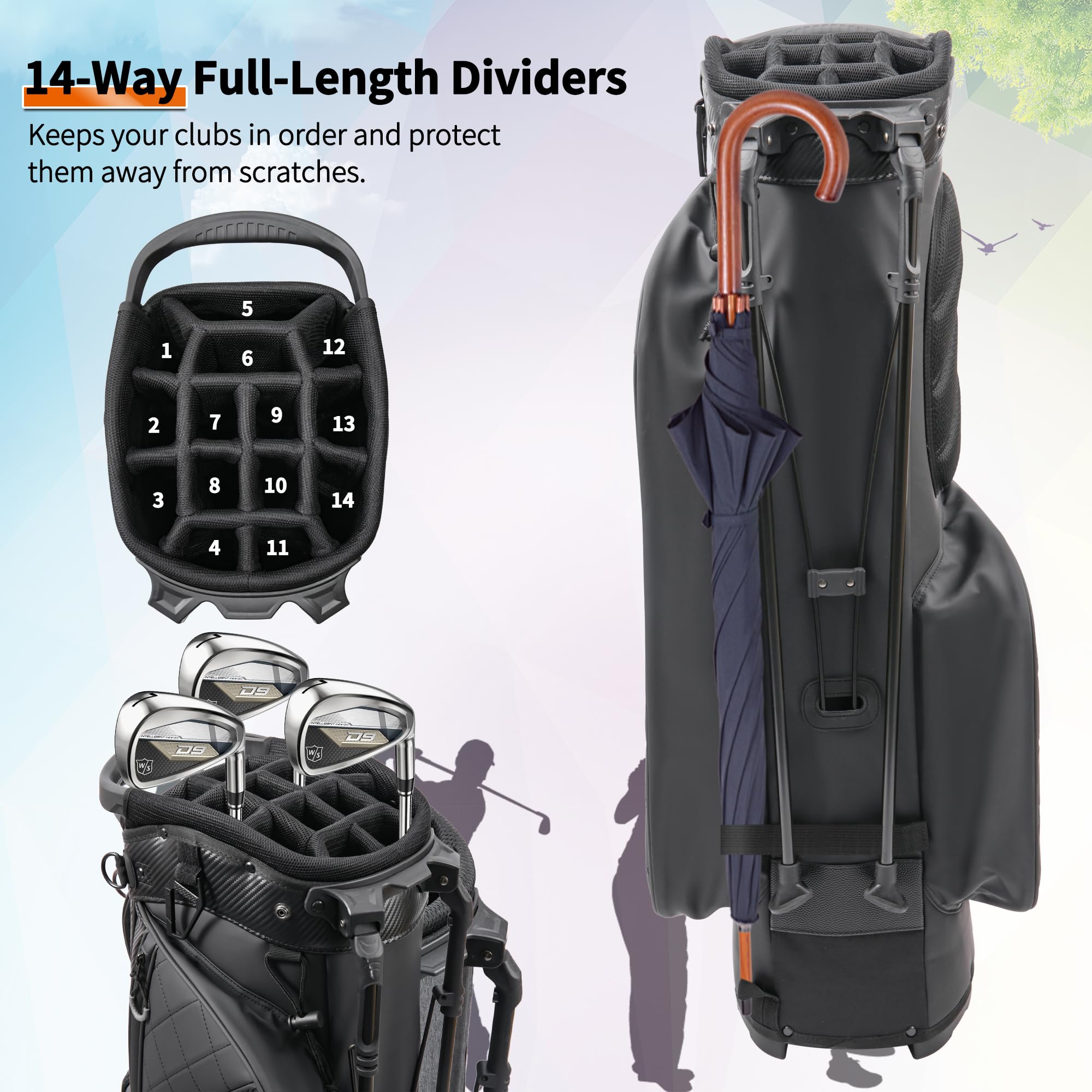 Black PU Leather Golf Stand Bag for Men, Lightweight Waterproof Golf Carry Bag with 14-Way Full Length Club Dividers, Independent Umbrella Holder Prevents Golf Club Shaft Scratches for Walking Golf & Tournaments