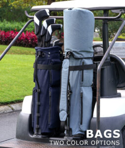 Light blue and dark navy sunday golf stand bags placed on golf cart, waterproof lightweight walking golf carry bag for golf course