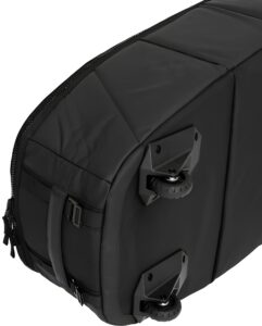 Detachable roller wheel attachment for surfboard travel bag, durable wheel system for surf board bag, portable surf gear luggage detail view