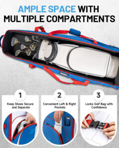 Interior Layout of 1680D Nylon Padded Golf Travel Bag, Foldable Airline Golf Travel Case with Separate Shoe Pocket, Dual Side Pockets & Secure Straps for Organized Golf Gear Storage
