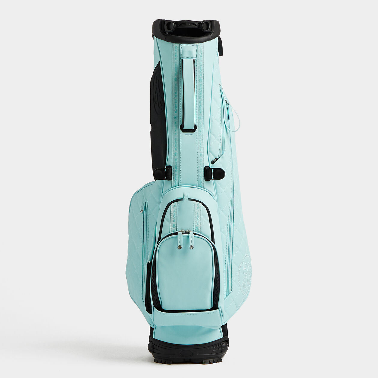 Elegant light blue pu leather golf stand bag, diamond quilting design, multi storage pockets, magnetic buckle golf carry bag for outdoor golf course