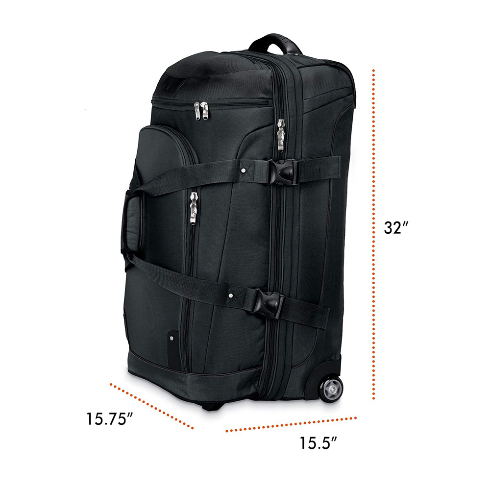 32 Inch Black Unisex Soft Sided Wheeled Duffle Bag Size Diagram, Expandable Oxford Rolling Travel Tote Luggage Suitcase for Cross-Country & Air Travel
